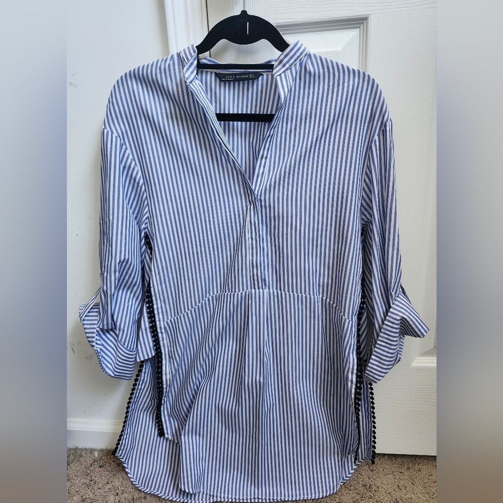 Zara Half Button Down Top with Oxford Strips and Decorative Fashion Trim